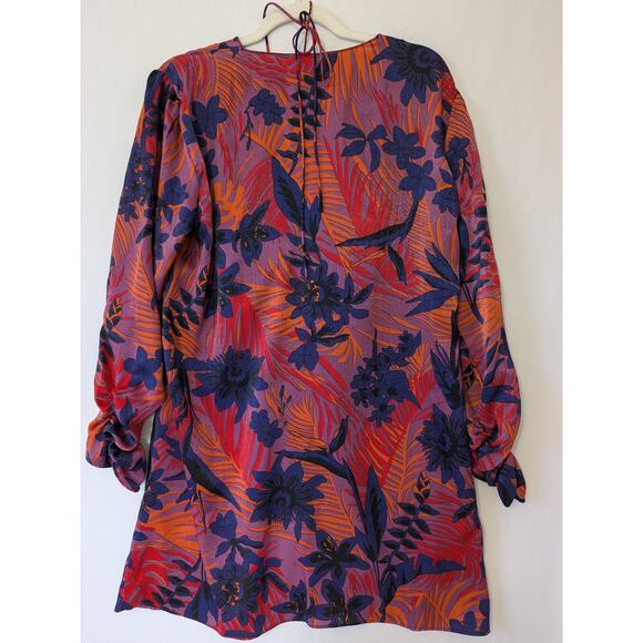ZARA Floral Print Mini Dress Size Small Tropical Long Sleeve Relaxed Ruching New - Picture 4 of 9